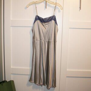 Free People Silk Slip Dress in Silvery Grey with Blue Lace Trim Size L